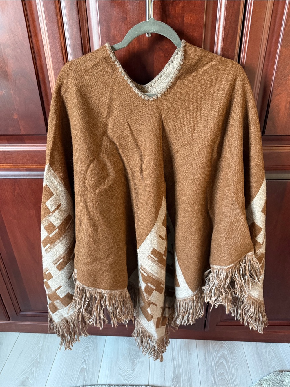 Peruvian Fringe Poncho with Geometric Trim